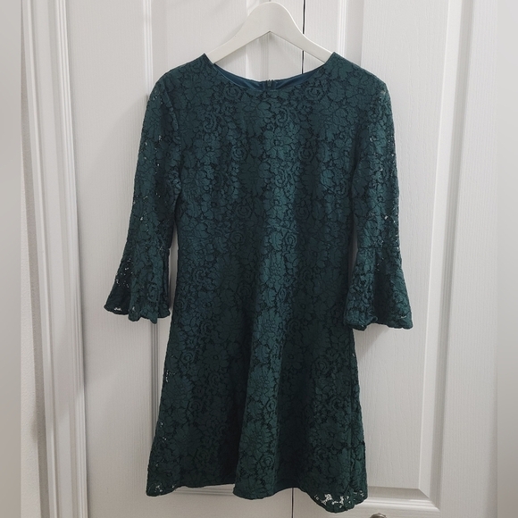 Lulu's Favorite Flair Forest Green Lace Flounce Sleeve Dress - Picture 5 of 13